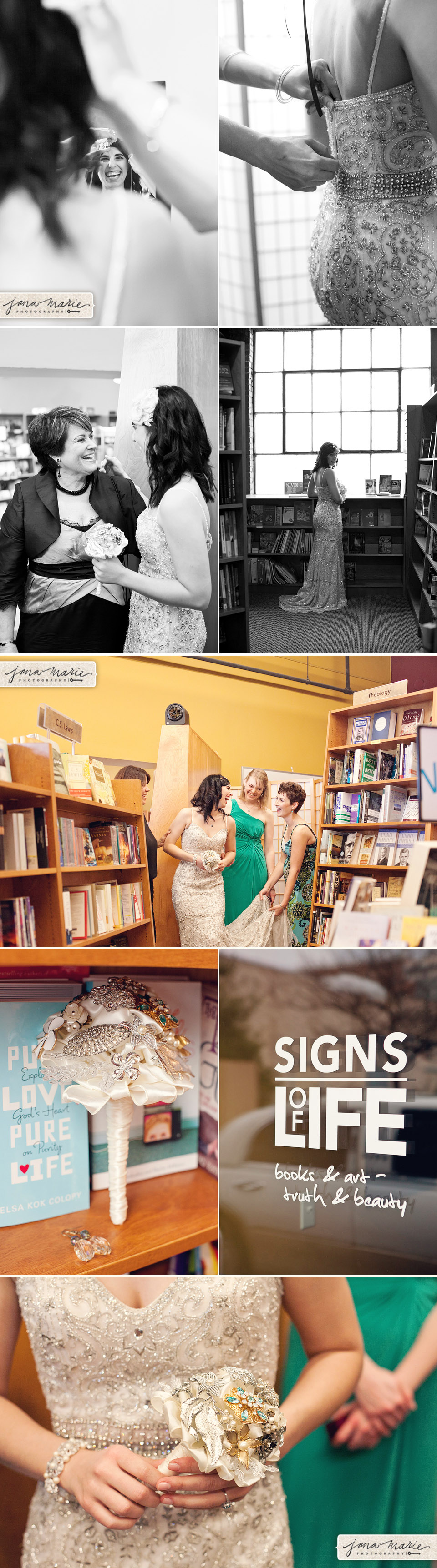 Jana Marie Photography, Book store wedding, colorful, details, laughter, getting ready