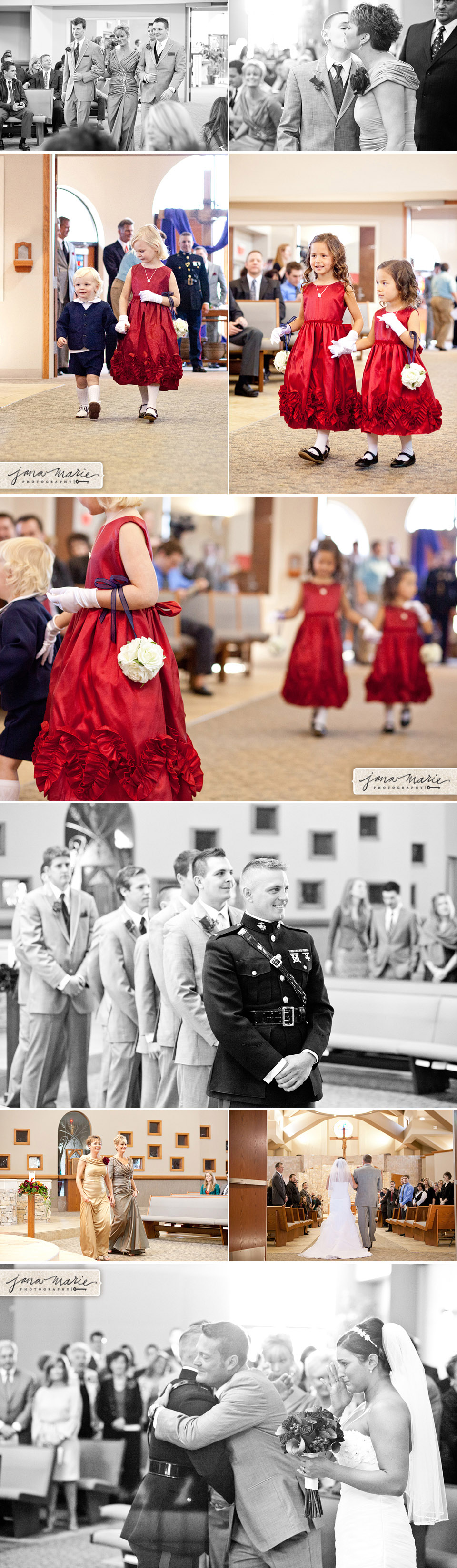 Love, Marine weddings, Ring boy, red dresses, bride and dad, Jana Marie