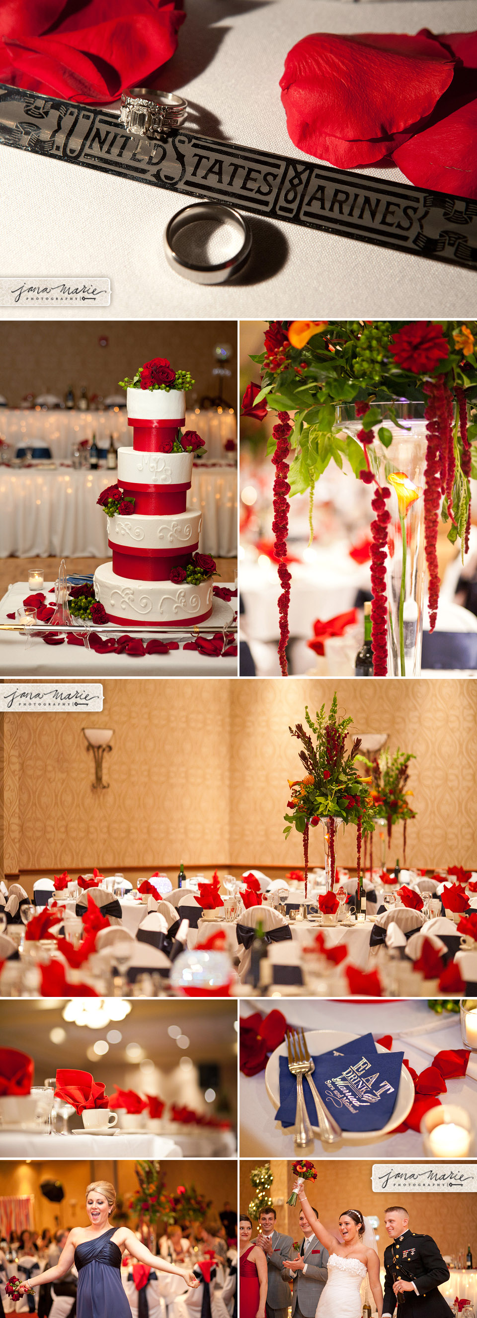 Village Gardens, Flowers, Reception, US Marine, American colors, cake, details