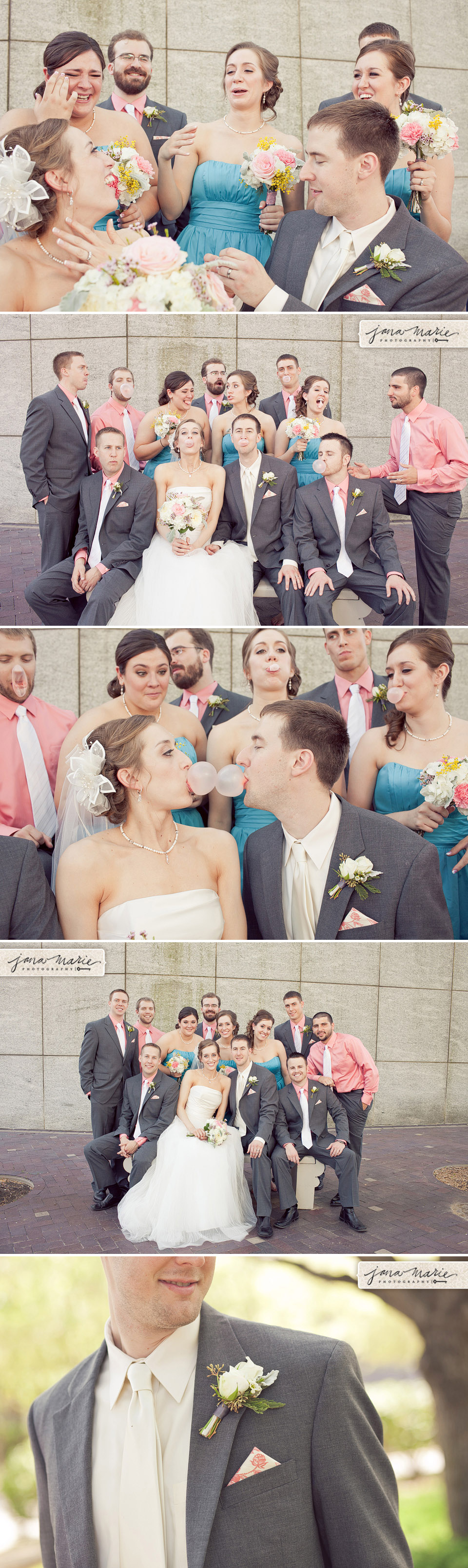 Bubble gum wedding, Bridesmaids, groomsmen, Kisses, Couples, KC wedding, Jana Maries Photography