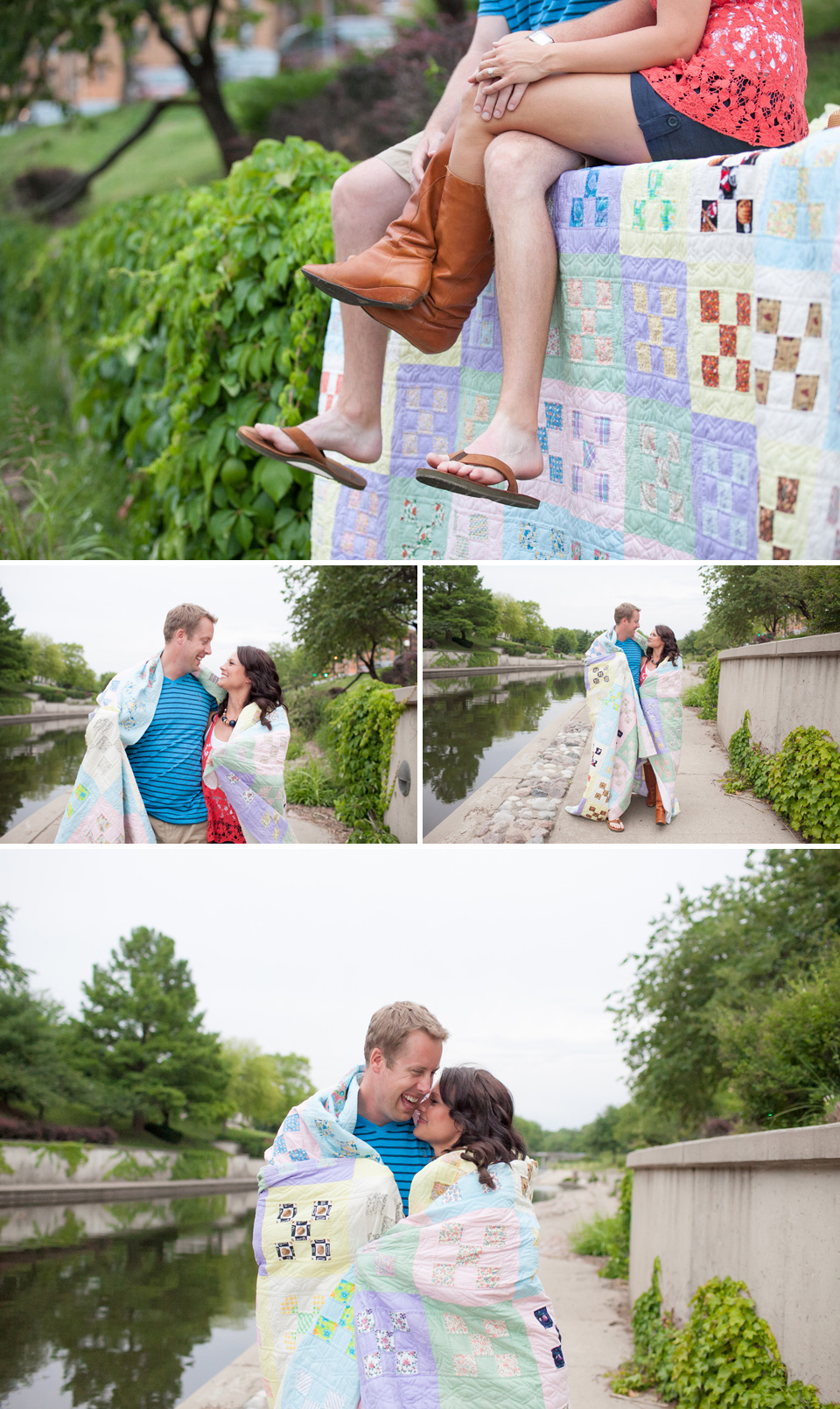 Silly couples, romantic, love, vintage blanket, river walk, Kansas City weddings, Jana Marler