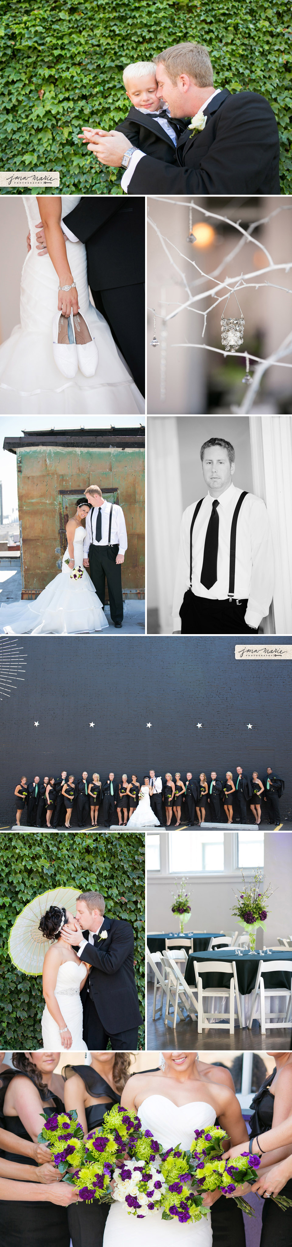 Fleming wedding, black wall, rooftop photos, trumpet dress, large bridal party