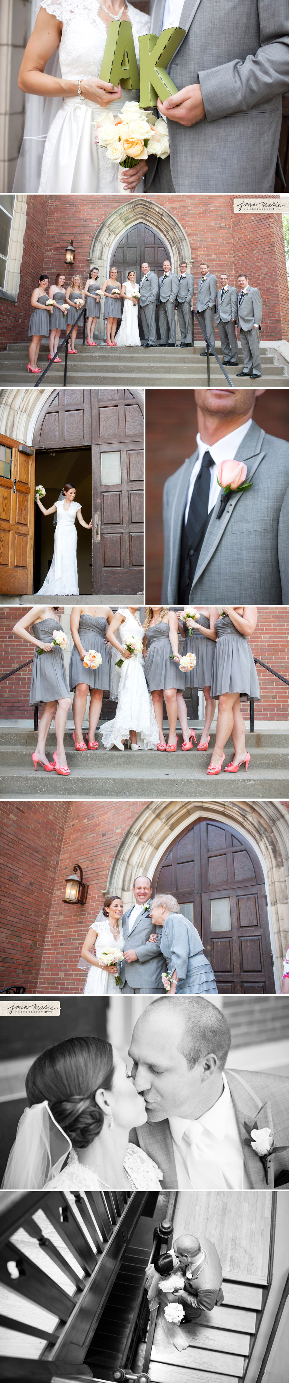 Peach high heels, bridesmaids, Church doors, Chapel steps, Wedding day, bridal party photos