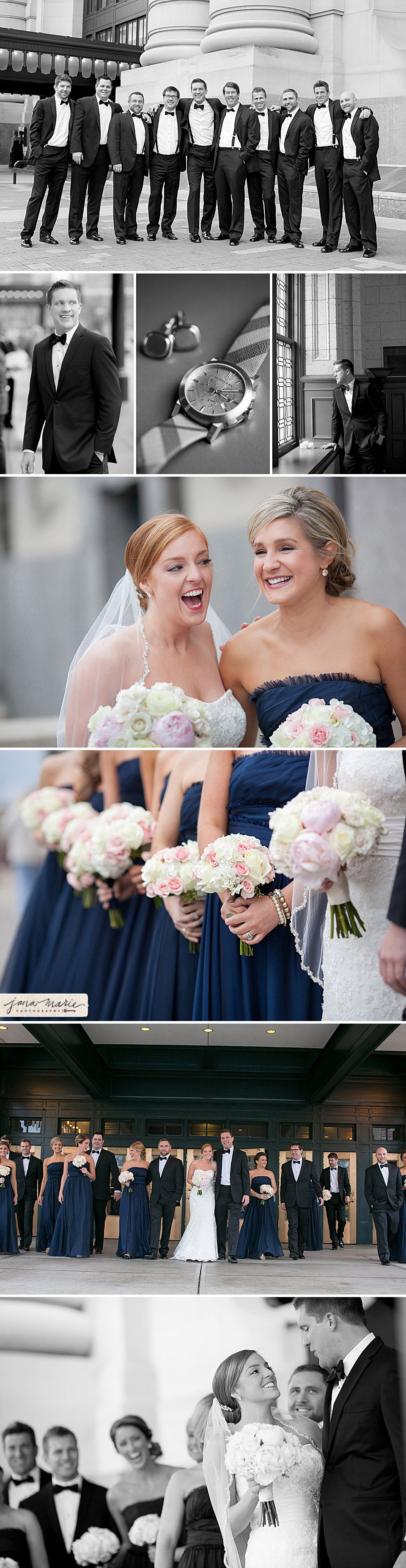 Winter weddings, KC wedding photography, Jana Marie Photos, navy blue bridesmaid dresses, laugh, happy couple