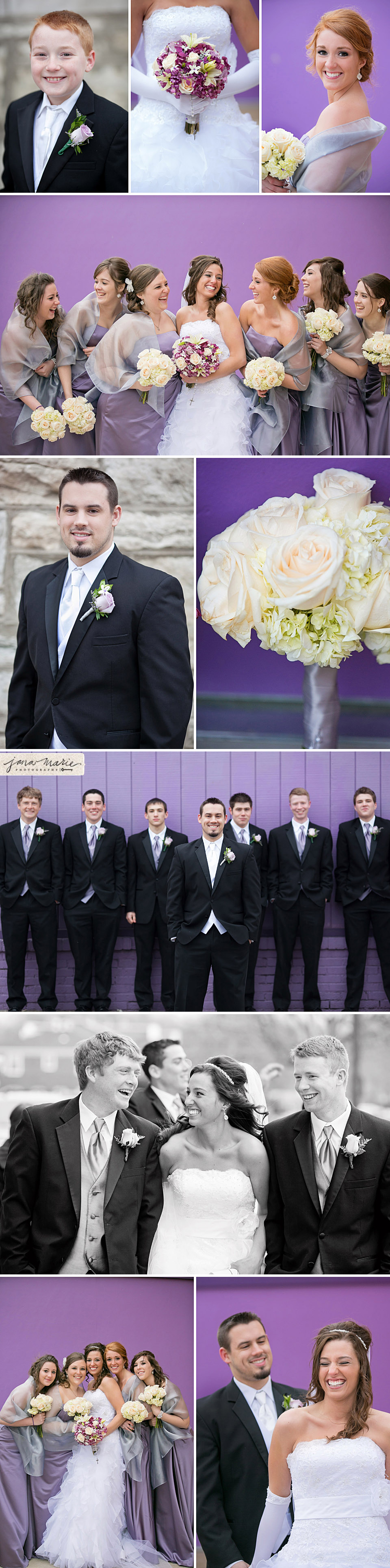 Purple wall, Groomsmen, Flowers, Bouquet, Bridal party pictures, KC weddings, modern photography
