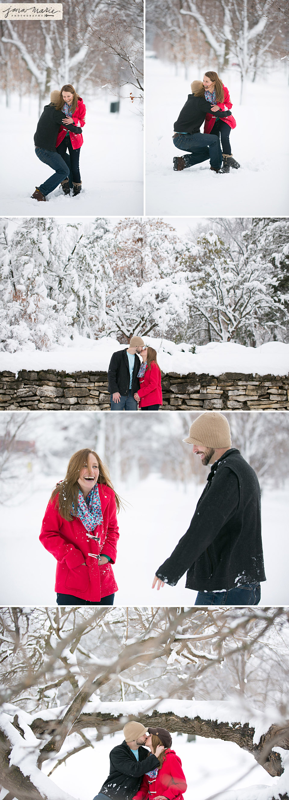 Couple photographer, Jana Marie Photography, Snow ball fight, brick wall, Lake, snow storms