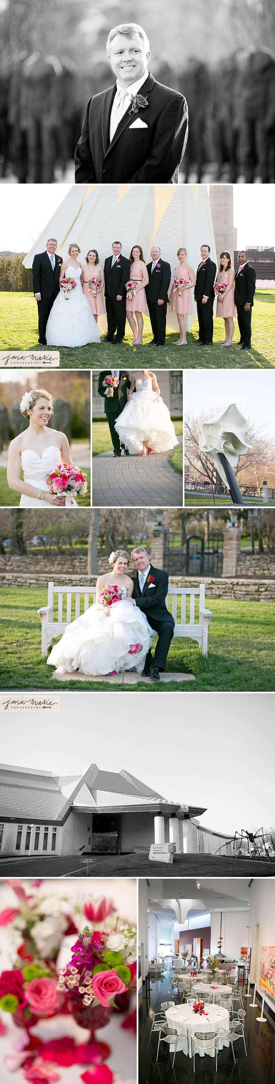Bride and groom portraits, Bridal party, fun photography, KC wedding day, spring weddings, Nelson Art Museum