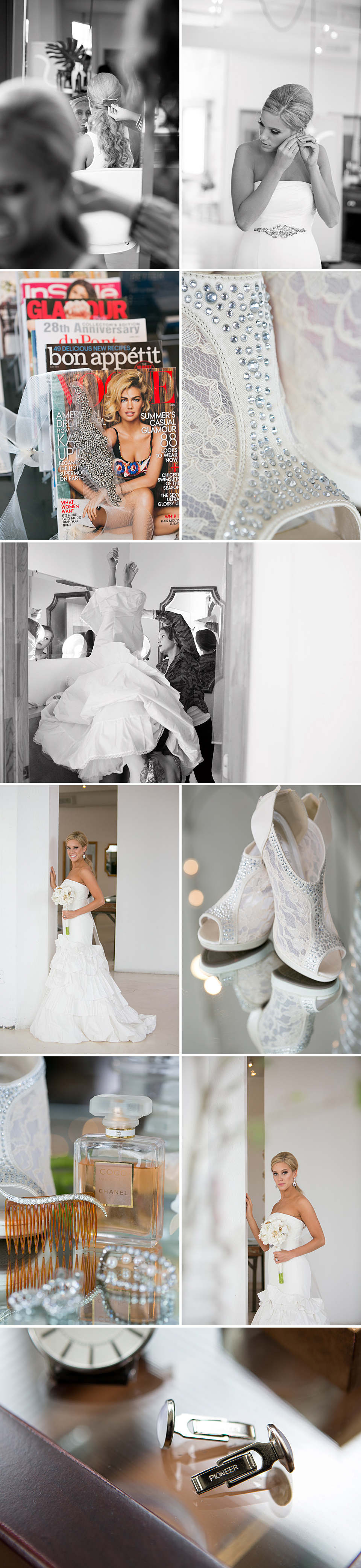 Wedding details, bridal heels, Skyline Salon KC, Putting dress on, B&W images, KC wedding photographers