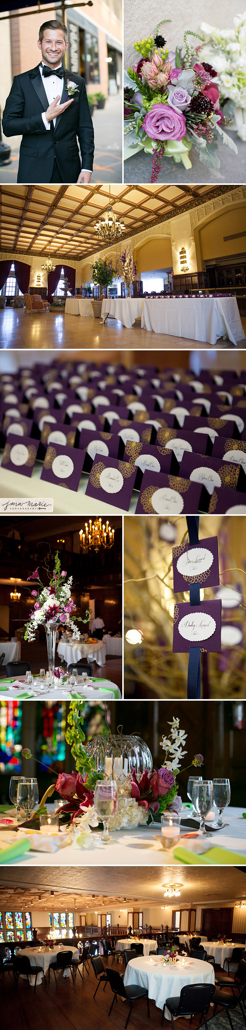 Wedding details, reception room, Baltimore Club KC, name cards, tall centerpieces, Jana Marie Photography