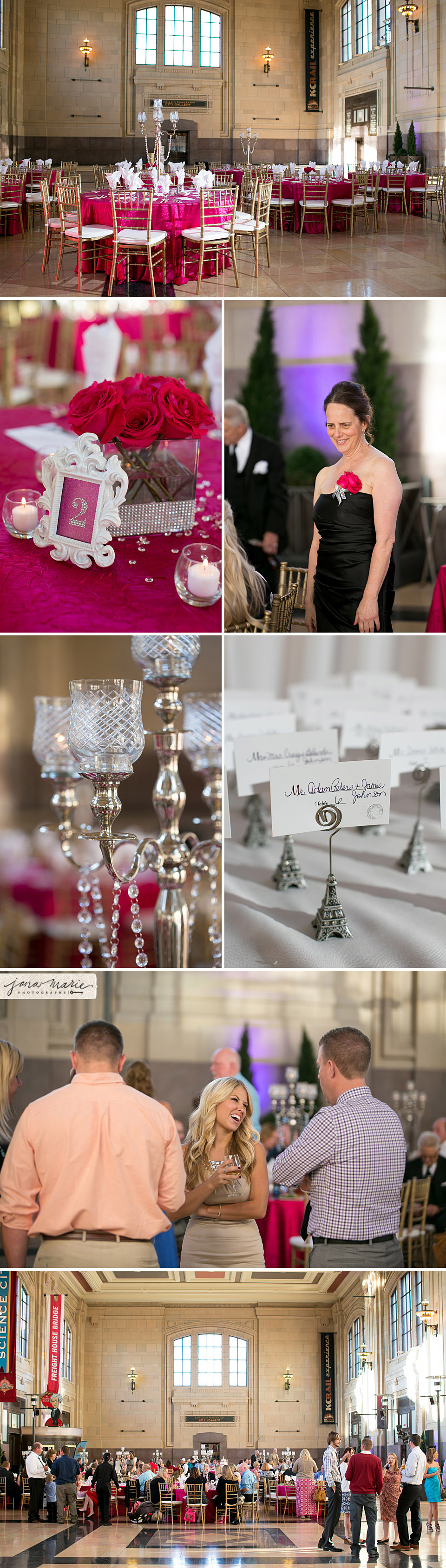 Wedding details, Union Station Receptions, KC venues, Midwest weddings, Pink decor, Eifle Tower place cards