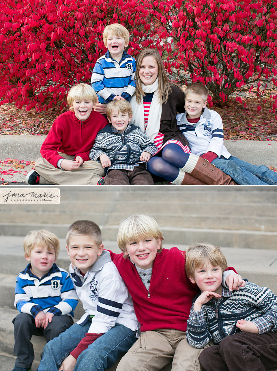 Siblings, children portraits, fall families, red bushes, Bright colored trees, Heidi Shuler