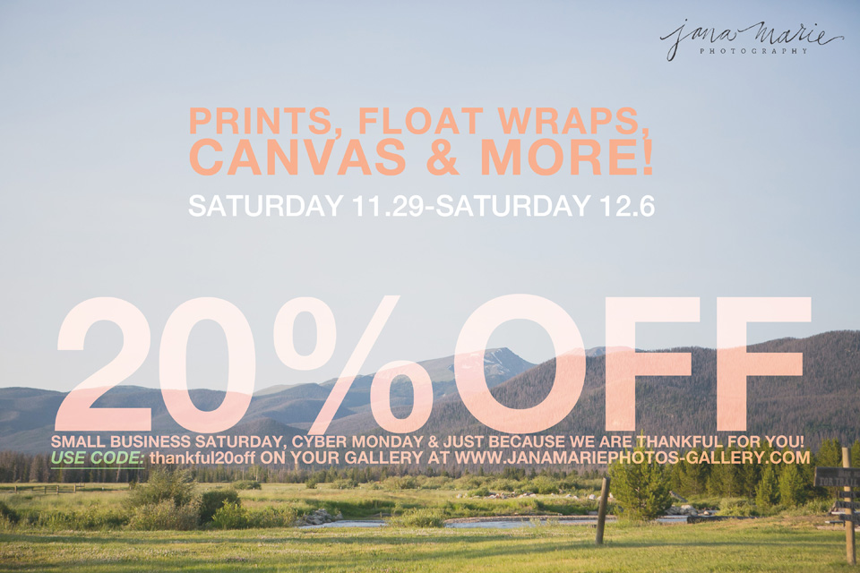 Cyber Monday, Cyber week sales, Photography specials, Jana Marie Photography, Canvas, Float wrap, Prints, 20% off, gallery