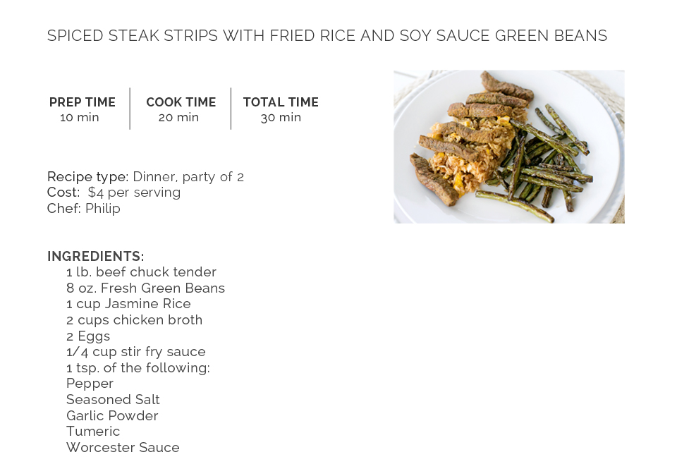 Meals for two, Soy Sauce Green Beans, Spiced Steak Strips, Tasty Tuesday, yummy dinners